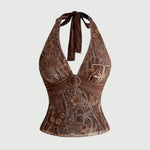 Brown Floral Leopard Print Halter Neck Top