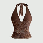 Brown Floral Leopard Print Halter Neck Top