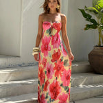 Yellow Pink Floral Print Strapless Crinkled Chiffon Maxi Dress