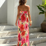 Yellow Pink Floral Print Strapless Crinkled Chiffon Maxi Dress