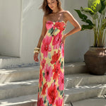 Yellow Pink Floral Print Strapless Crinkled Chiffon Maxi Dress