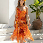 Orange Floral Spaghetti Strap Ruffled Midi Dress