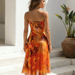 Orange Floral Spaghetti Strap Ruffled Midi Dress