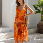 Orange Floral Spaghetti Strap Ruffled Midi Dress