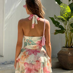 Multicolor Floral Print Deep V Halter Neck Tiered Ruffle Mini Dress