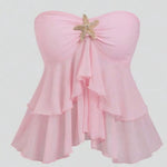 Pink Gold Starfish Decor Strapless Tiered Ruffle Chiffon Peplum Crop Top