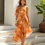 Orange Abstract Floral Print Asymmetric Hem Chiffon Midi Dress