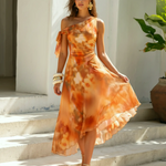Orange Abstract Floral Print Asymmetric Hem Chiffon Midi Dress