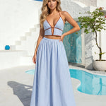 Blue Stripe Contrast Trim Halter Crop Top Maxi Skirt Set