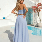 Blue Stripe Contrast Trim Halter Crop Top Maxi Skirt Set