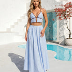 Blue Stripe Contrast Trim Halter Crop Top Maxi Skirt Set