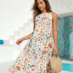 White Floral Butterfly Sleeveless Swing Midi Dress