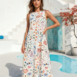 White Floral Butterfly Sleeveless Swing Midi Dress