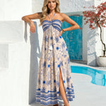 Blue Palm Print Halter Tassel Tie Tiered Split Maxi Dress