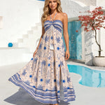 Blue Palm Print Halter Tassel Tie Tiered Split Maxi Dress