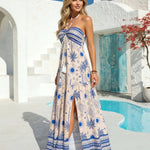 Blue Palm Print Halter Tassel Tie Tiered Split Maxi Dress
