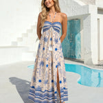 Blue Palm Print Halter Tassel Tie Tiered Split Maxi Dress