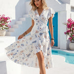 White Blue Pink Floral Print Wrap Tie Flutter Sleeve High Low Midi Dress