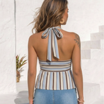 Multicolor Stripe Deep V Halter Ruched Peplum Top