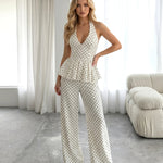 White Polka Dot Halter Deep V Peplum Top Wide Leg Pants Set