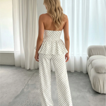 White Polka Dot Halter Deep V Peplum Top Wide Leg Pants Set