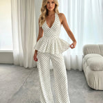 White Polka Dot Halter Deep V Peplum Top Wide Leg Pants Set