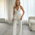 White Polka Dot Halter Deep V Peplum Top Wide Leg Pants Set