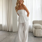 White Smocked Strapless Peplum Top Wide Leg Pants Set