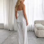 White Smocked Strapless Peplum Top Wide Leg Pants Set
