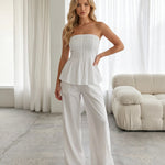 White Smocked Strapless Peplum Top Wide Leg Pants Set