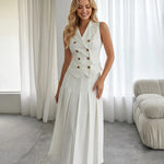 White Blazer Vest Pleated Midi Skirt Two Piece Set
