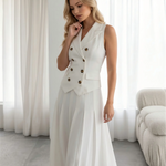 White Blazer Vest Pleated Midi Skirt Two Piece Set