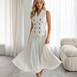 White Blazer Vest Pleated Midi Skirt Two Piece Set