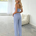 Blue Cowl Neck Halter Top Pleated Wide Leg Pants Two Piece Set