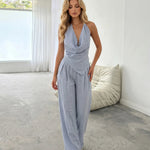 Blue Cowl Neck Halter Top Pleated Wide Leg Pants Two Piece Set