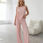 Pink 3D Flower Draped Sleeveless Top Wide Leg Pants Set