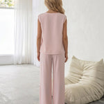 Pink 3D Flower Draped Sleeveless Top Wide Leg Pants Set