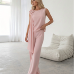 Pink 3D Flower Draped Sleeveless Top Wide Leg Pants Set