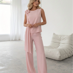 Pink 3D Flower Draped Sleeveless Top Wide Leg Pants Set