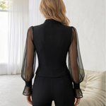 Black Bow Neck Mesh Puff Sleeve Peplum Top