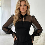 Black Bow Neck Mesh Puff Sleeve Peplum Top