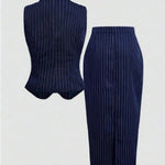 Navy White Pinstripe Tie Neck Waistcoat Vest Top