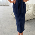 Navy White Pinstripe High Waist Pencil Midi Skirt