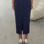 Navy White Pinstripe High Waist Pencil Midi Skirt