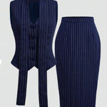 Navy White Pinstripe High Waist Pencil Midi Skirt