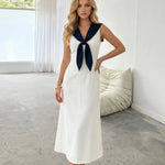 White Navy Contrast Sailor Collar Sleeveless Midi Dress