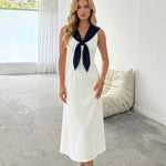 White Navy Contrast Sailor Collar Sleeveless Midi Dress