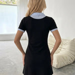 Black Contrast Striped Collar Short Sleeve Mini Dress