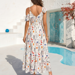 White Multicolor Floral Cold Shoulder Ruffle High Low Midi Dress