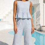 Blue White Stripe Sleeveless Wide Leg Pants Two Piece Set